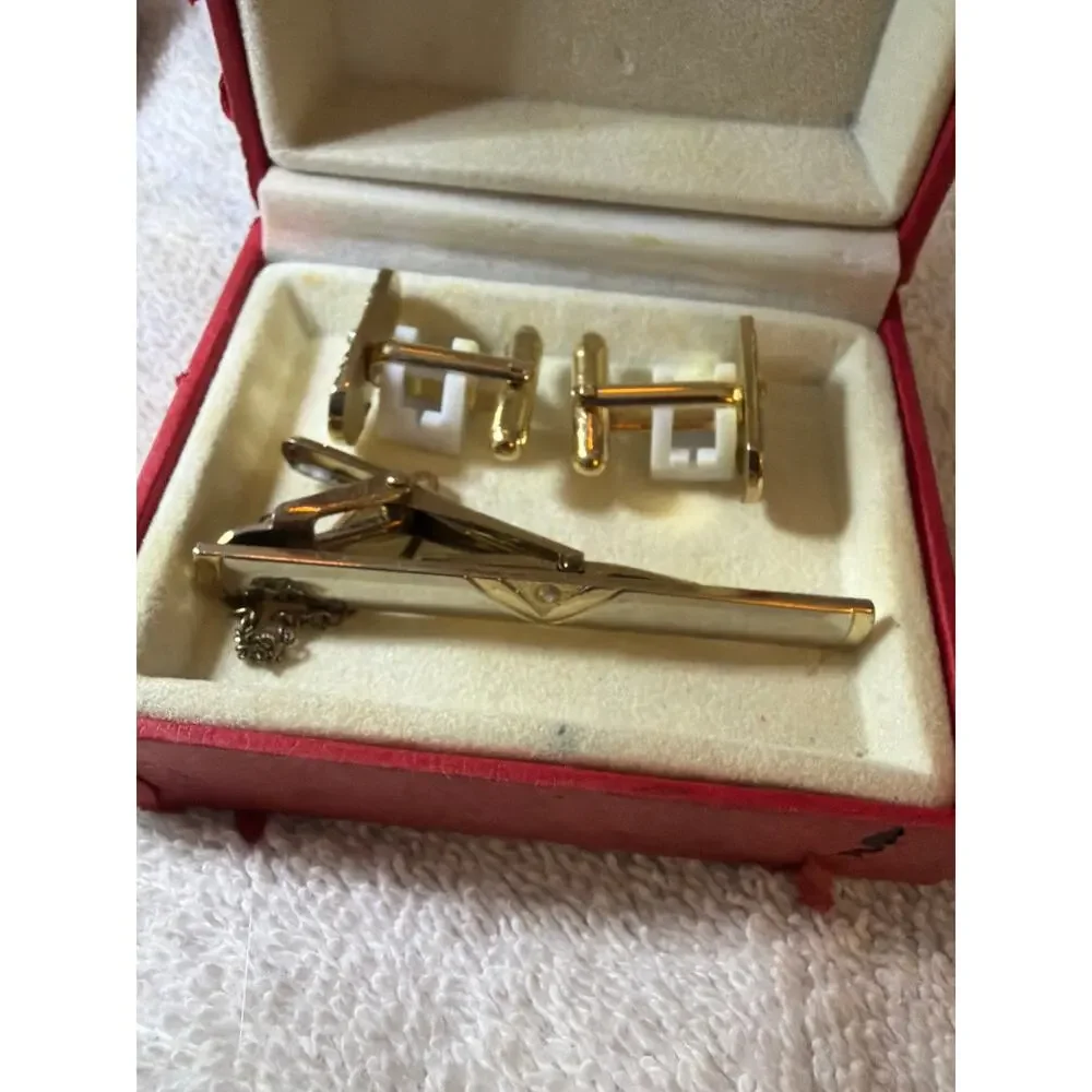 Vintage Gold Tone Tie Bar Cufflinks Set Clear Stone Men's Formal Jewelry Box